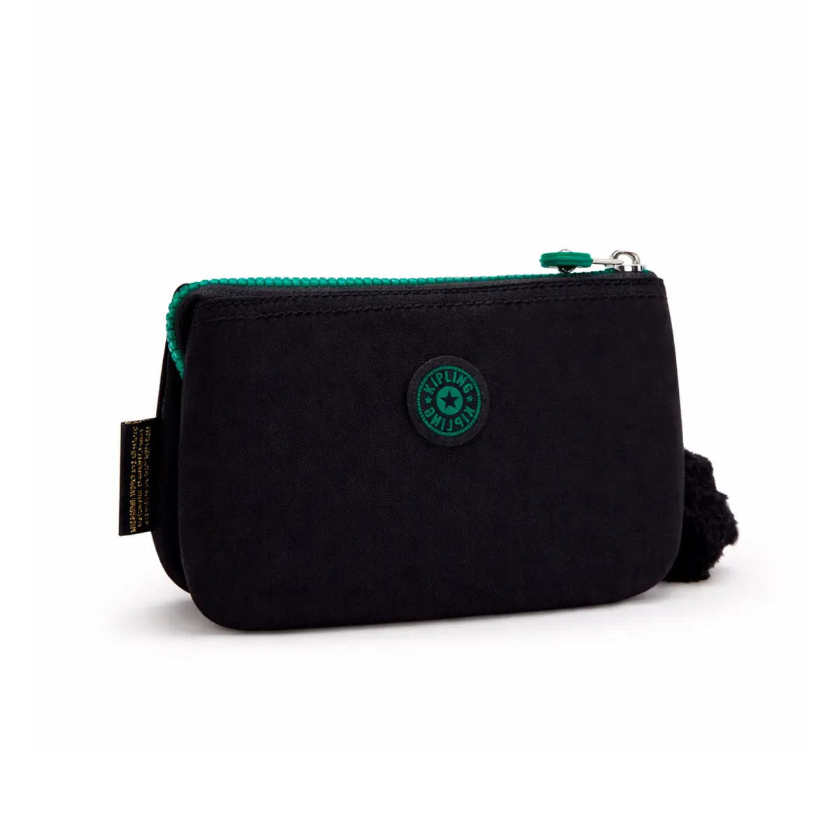 Estuche Kipling negro con cierre verde y logo frontal, monedero compacto con llavero característico de la marca.