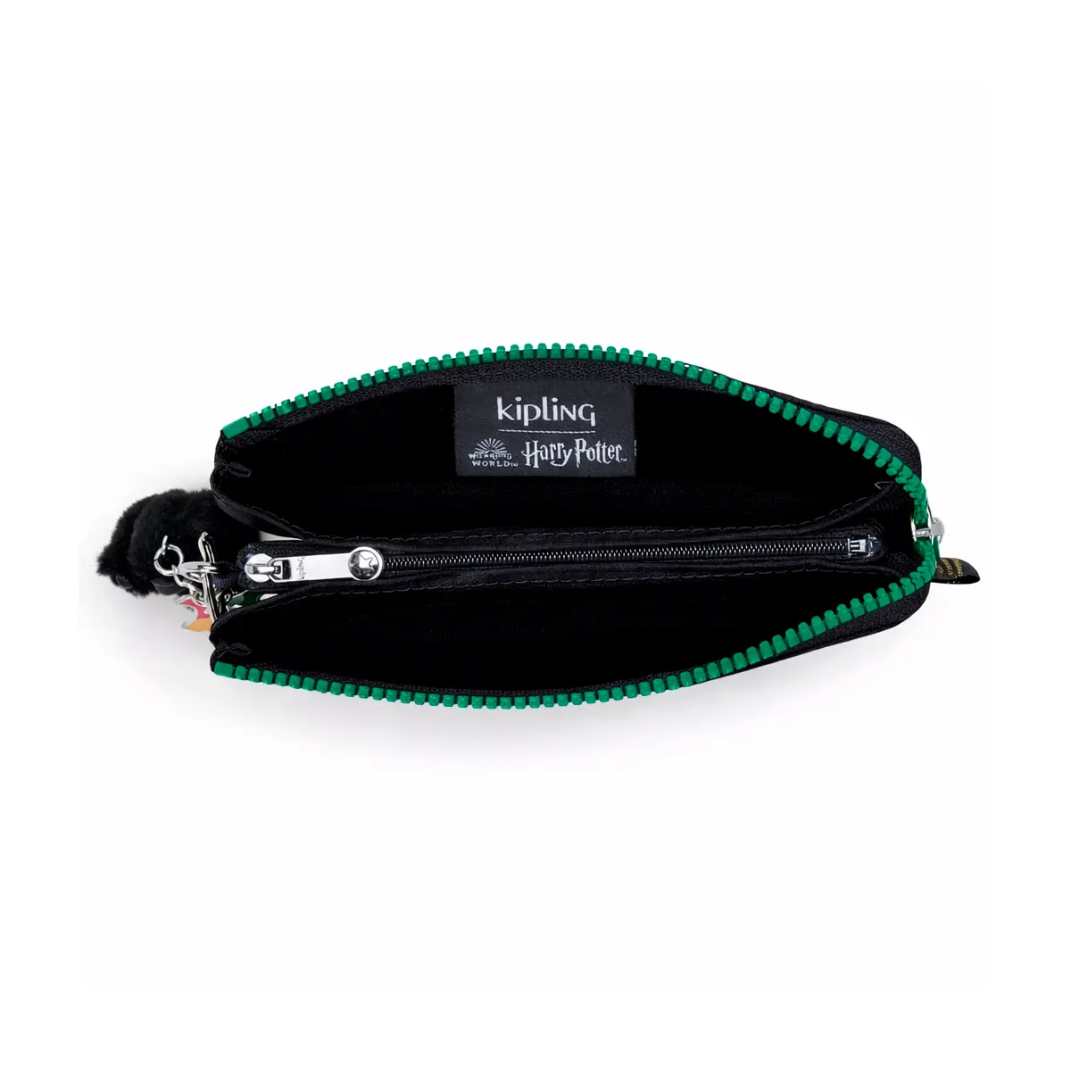 Interior del estuche Kipling Harry Potter con cierre verde y compartimento interno con cremallera.